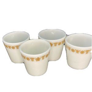 Vintage Milk Glas Set 4 Vintage Pyrex  Coffee Cups  Butterfly Gold D Handle 1410